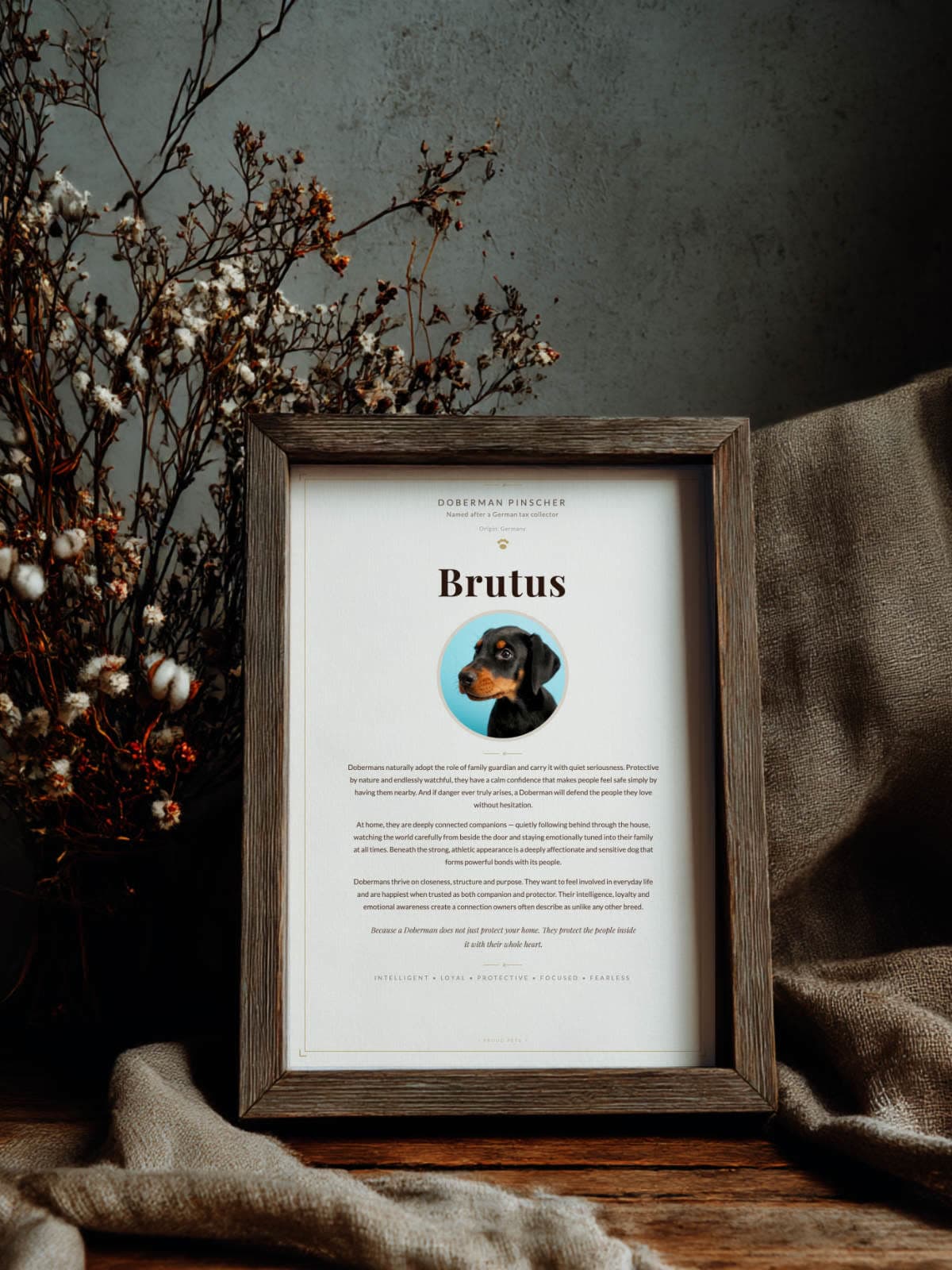 Brutus the Doberman Pinscher Proud Pets print in grey rustic frame with dried flowers
