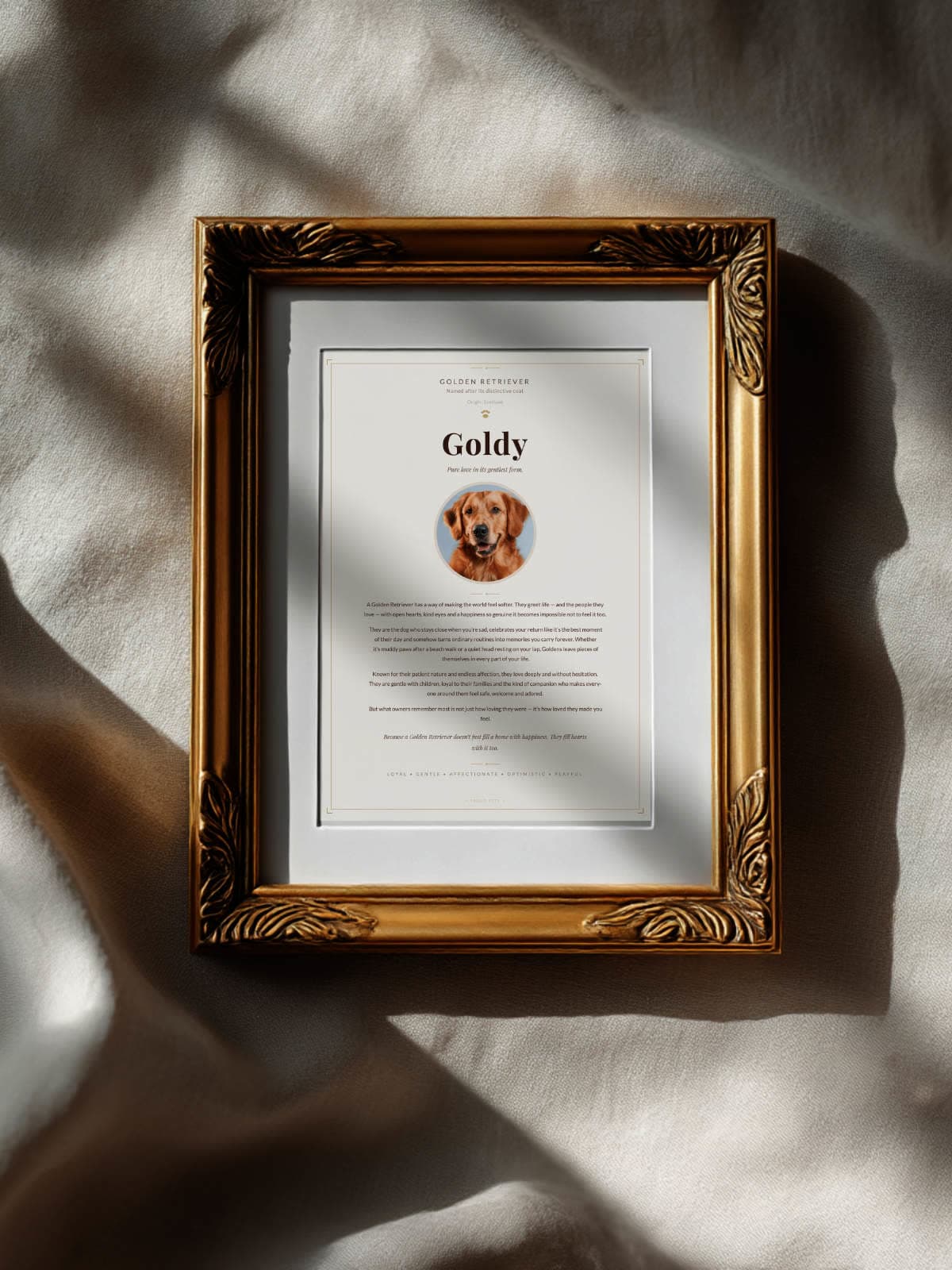 Goldy the Golden Retriever Proud Pets print in ornate gold frame on linen with dappled light