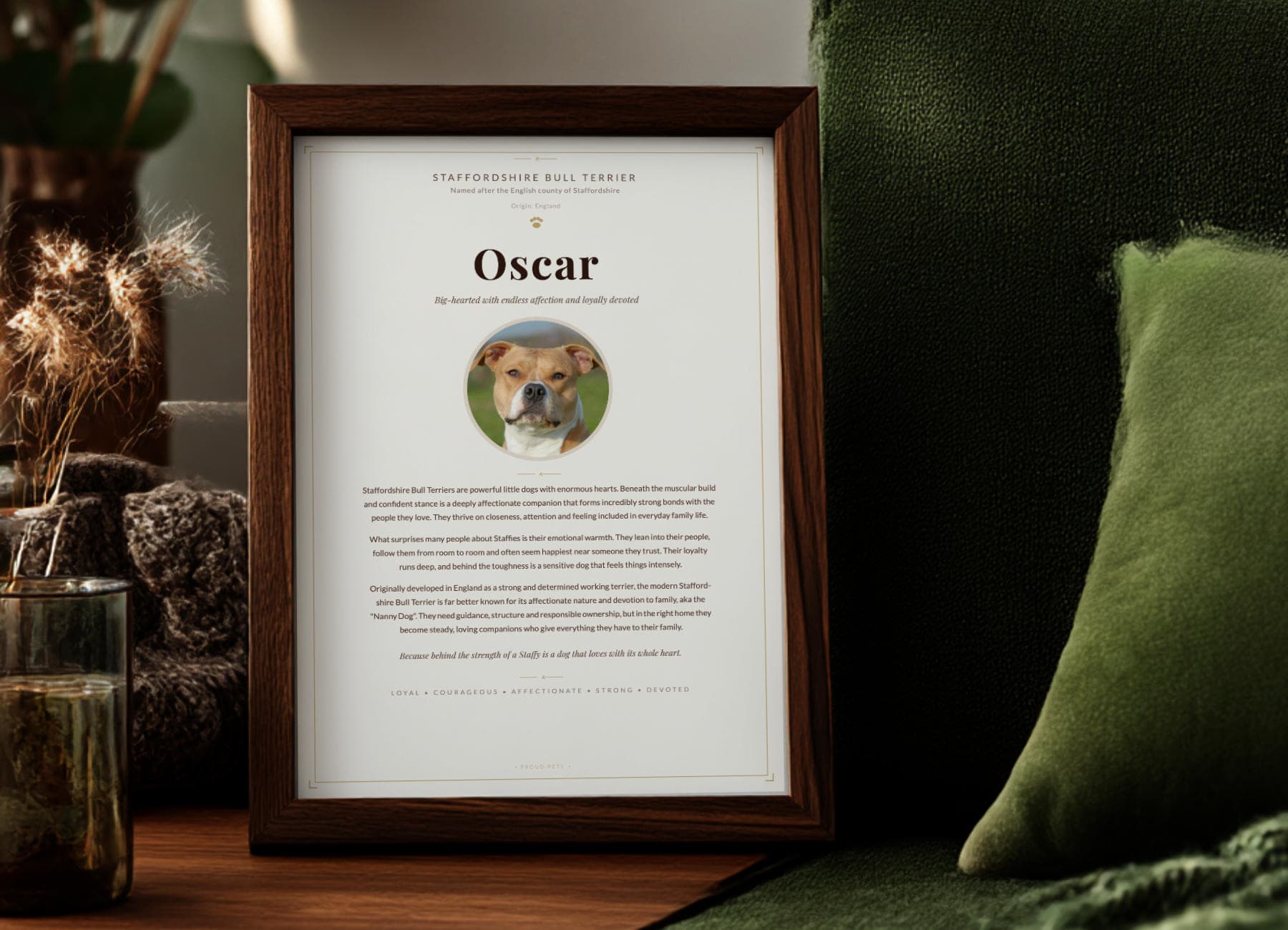 Oscar the Staffordshire Bull Terrier Proud Pets print in dark wood frame beside green sofa