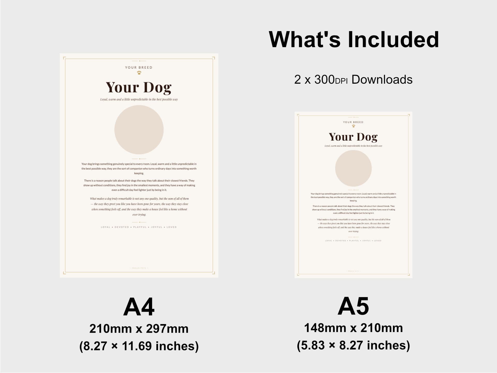 Proud Pets print shown at A4 and A5 sizes — Your Dog placeholder design